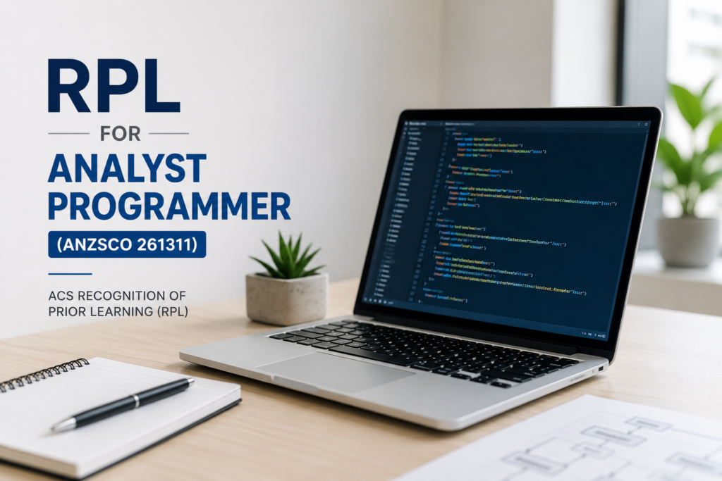 RPL for Analyst Programmer (ANZSCO 261311) cover image featuring a laptop with programming code for ACS RPL report services.