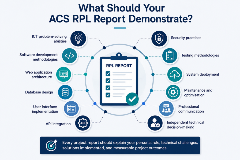 Infographic showing what an ACS RPL report for Web Developer (ANZSCO 261212) should demonstrate, including ICT skills and technical competencies