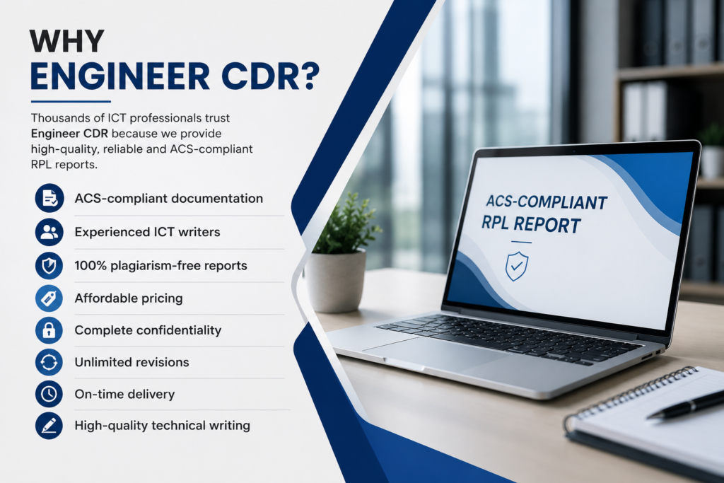 Why choose Engineer CDR for ACS RPL writing services, featuring an ACS-compliant RPL report on a laptop with a professional workspace.