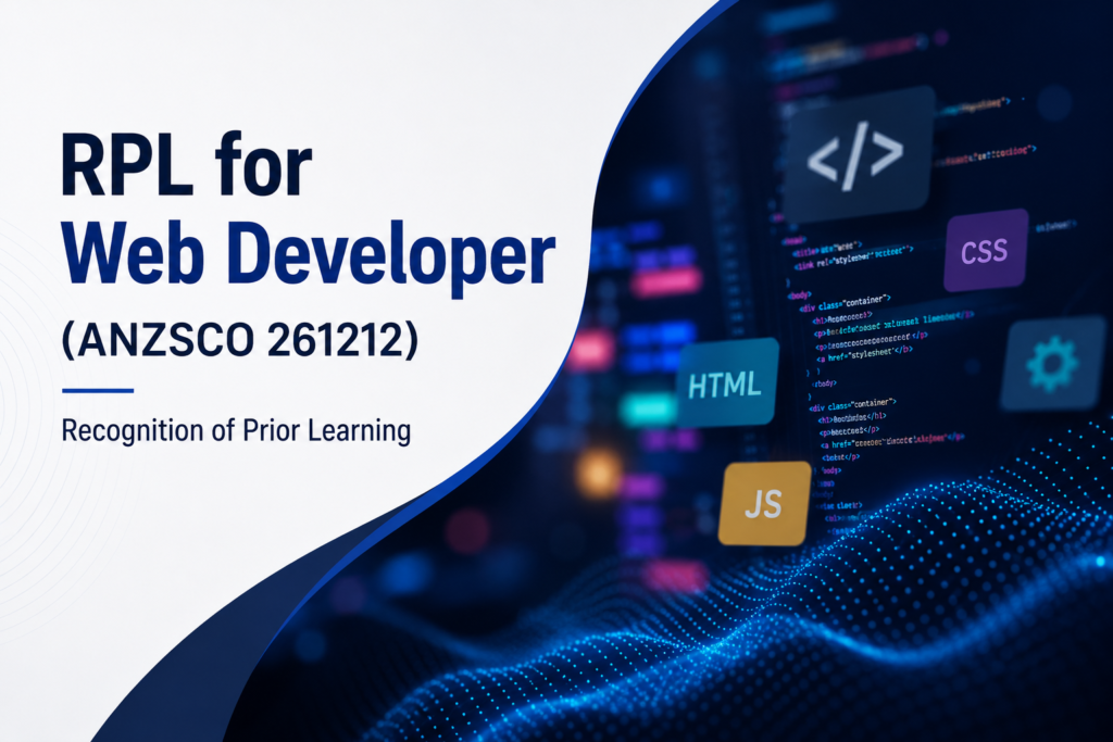 RPL for Web Developer (ANZSCO 261212) banner with web development and coding technology illustration