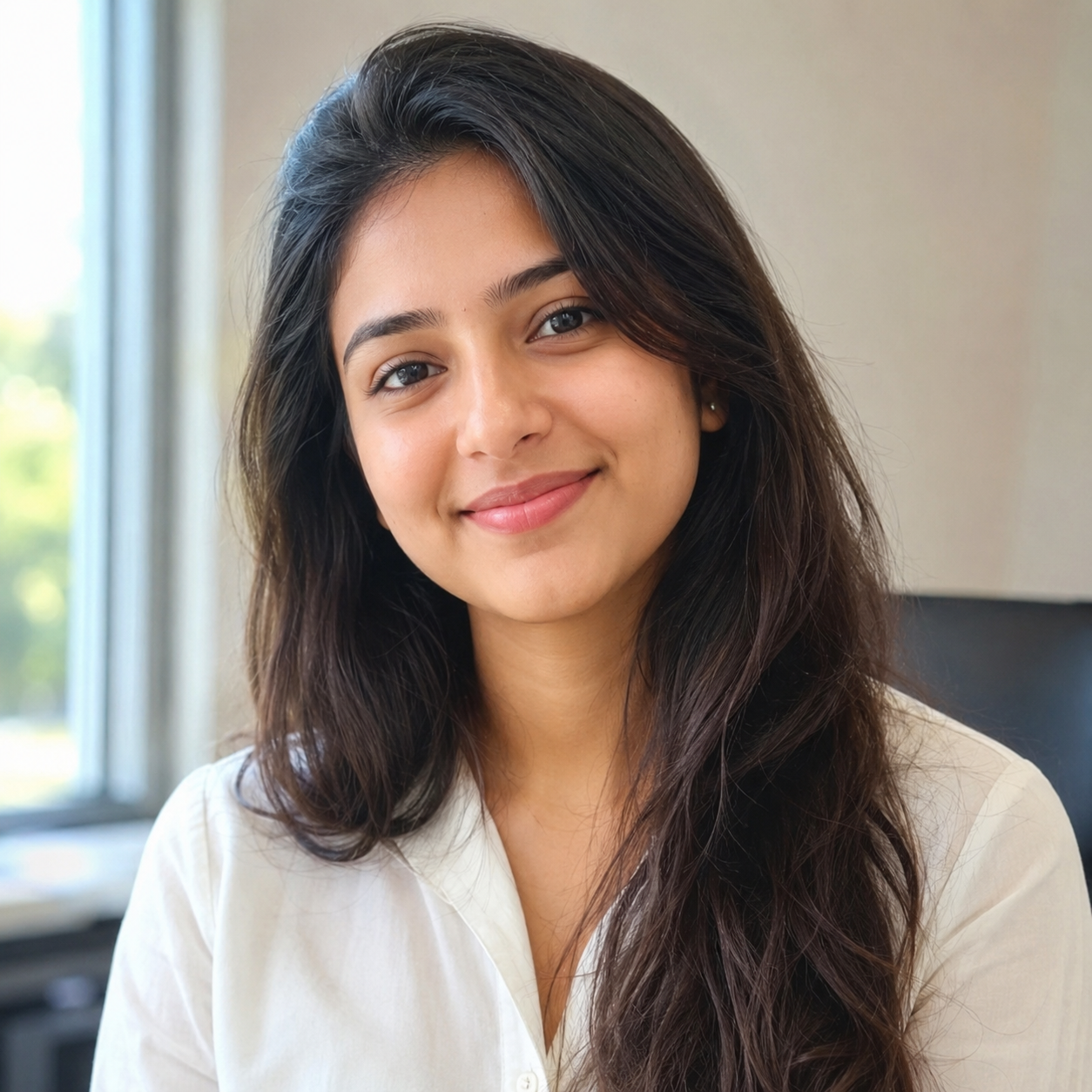 Professional headshot of Riya Mehta, a Master’s student, smiling in a bright academic setting.
