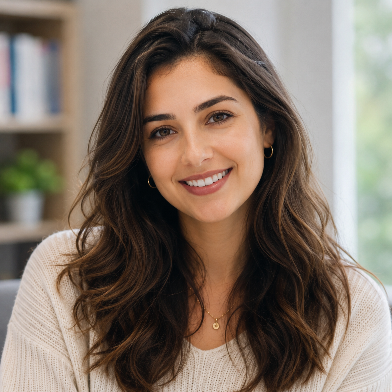 Professional portrait of Sophia Williams, a postgraduate student, smiling in a modern study environment.