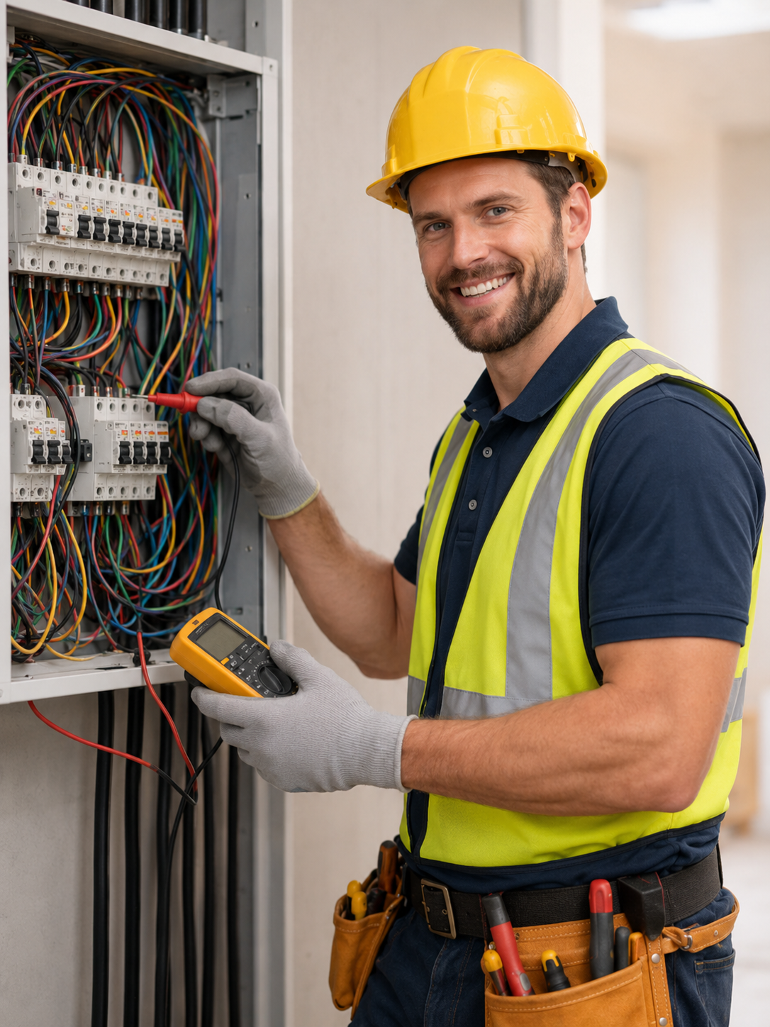 Qualified electrician inspecting an electrical control panel using a multimeter and safety equipment.