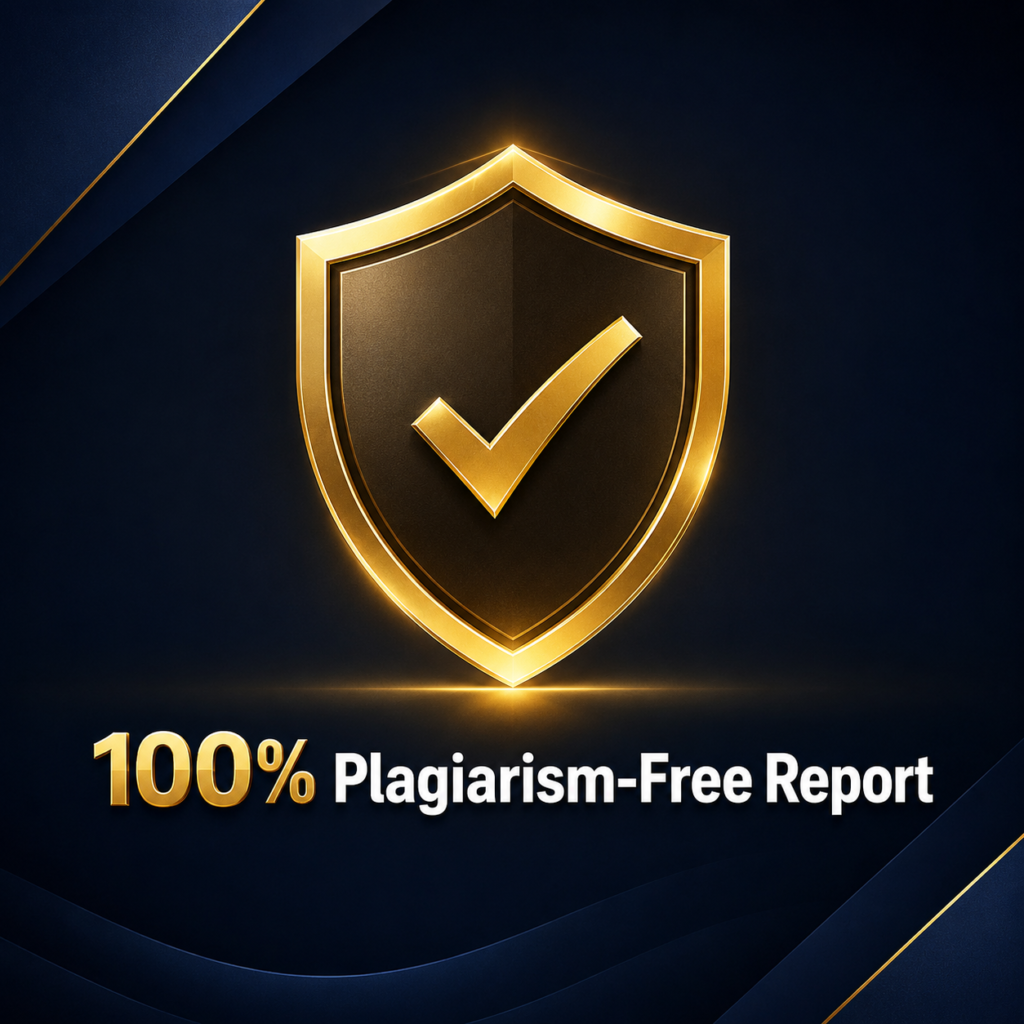 Premium 100% Plagiarism-Free Report badge with a gold shield and checkmark, representing original academic writing, plagiarism-free research, thesis, dissertation, and journal publication services.
