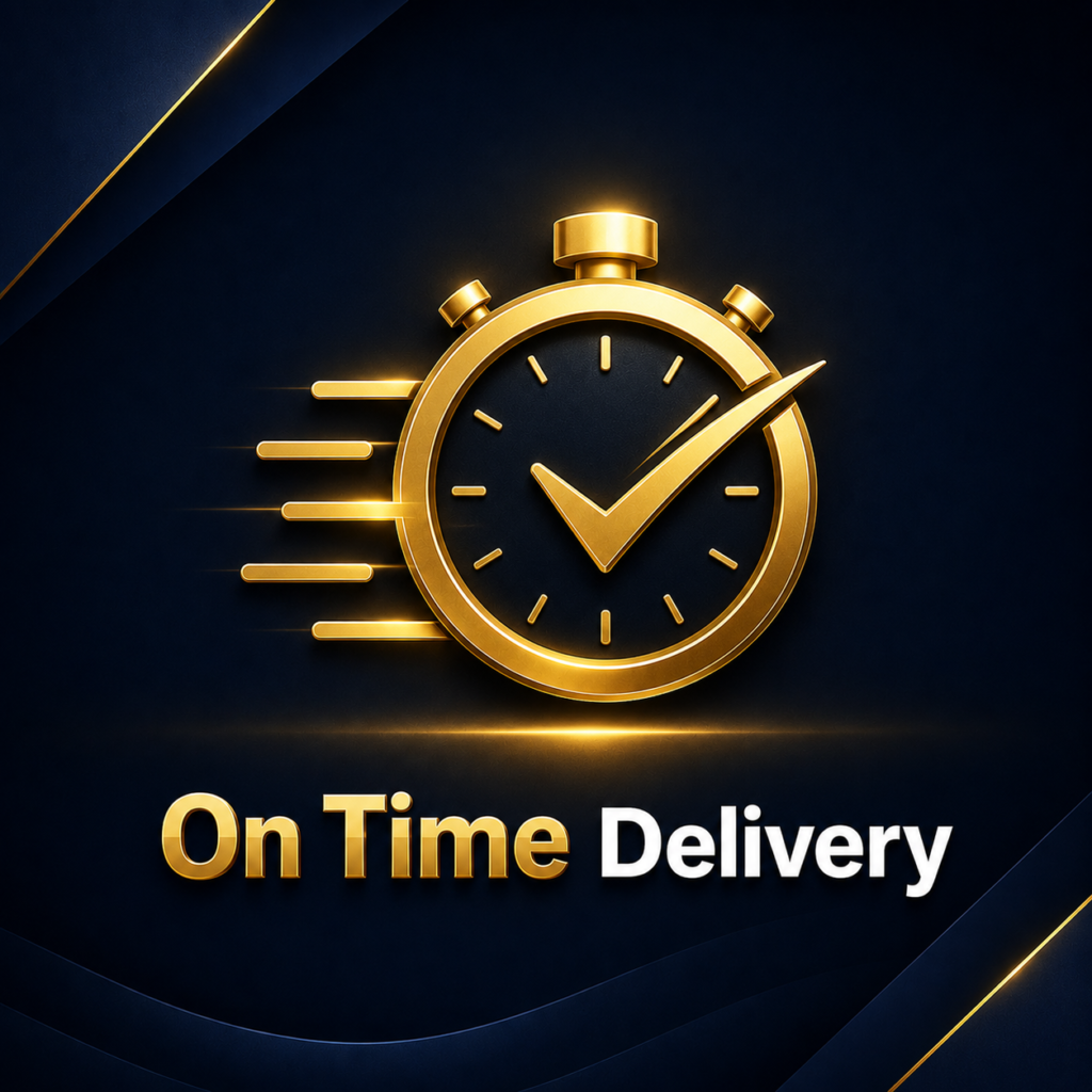 Premium On Time Delivery badge featuring a gold stopwatch with a checkmark, symbolizing timely delivery of thesis writing, dissertation, research papers, journal articles, and academic support services.