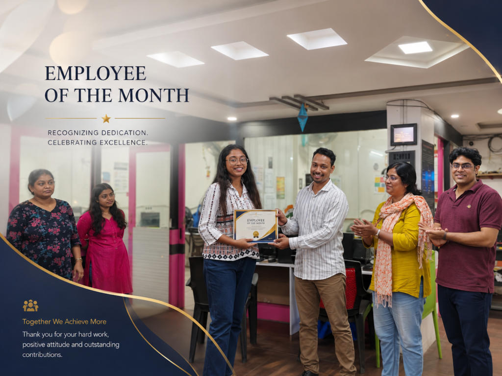Employee of the Month award ceremony with a team member receiving a certificate while colleagues applaud in a modern office.