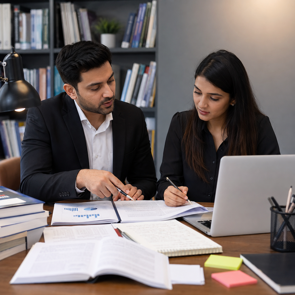 Professional academic consultant reviewing thesis documents with a research scholar at a desk with books, charts, papers, and a laptop in a modern office.
