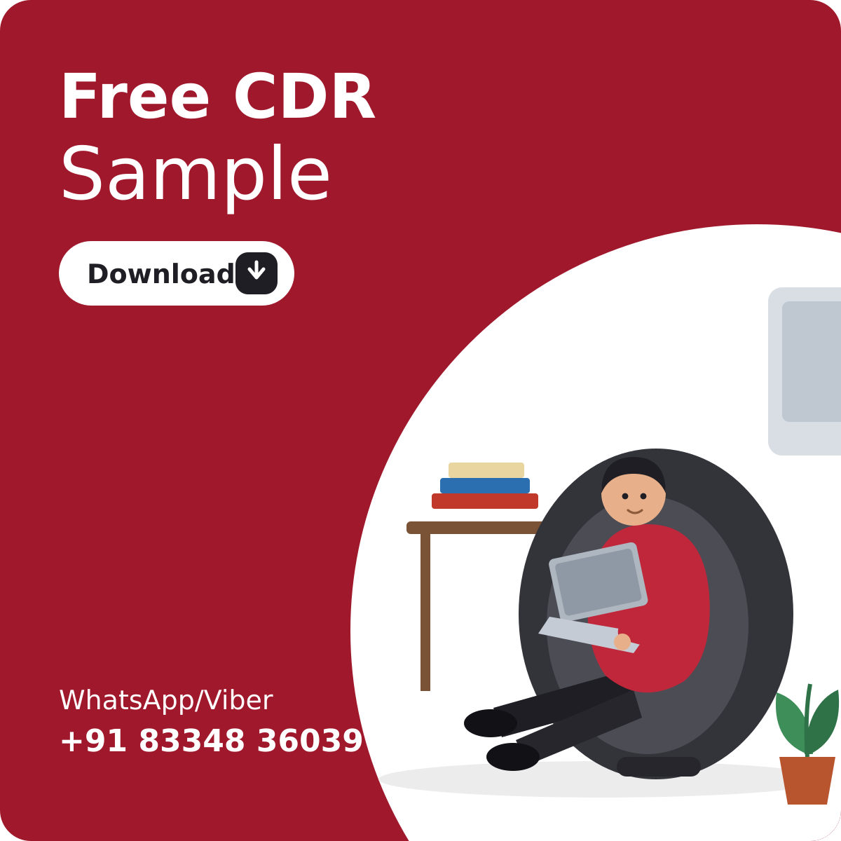 Crimson banner offering a free CDR sample with a download button, showing an illustrated person working on a laptop; contact via WhatsApp or Viber at +91 83348 36039