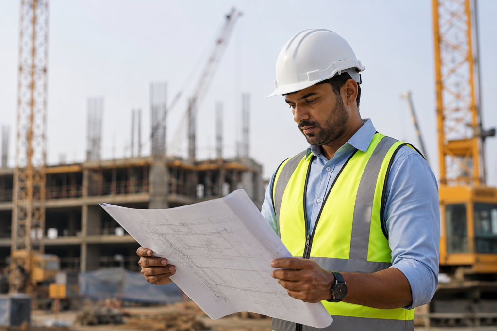 Civil engineer in hard hat and safety vest reviewing blueprints at construction site - ANZSCO 233211